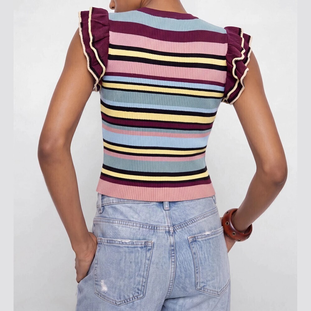 Multicolor Striped Ribbed Knit Ruffle Sleeve Top - Picture 7 of 9